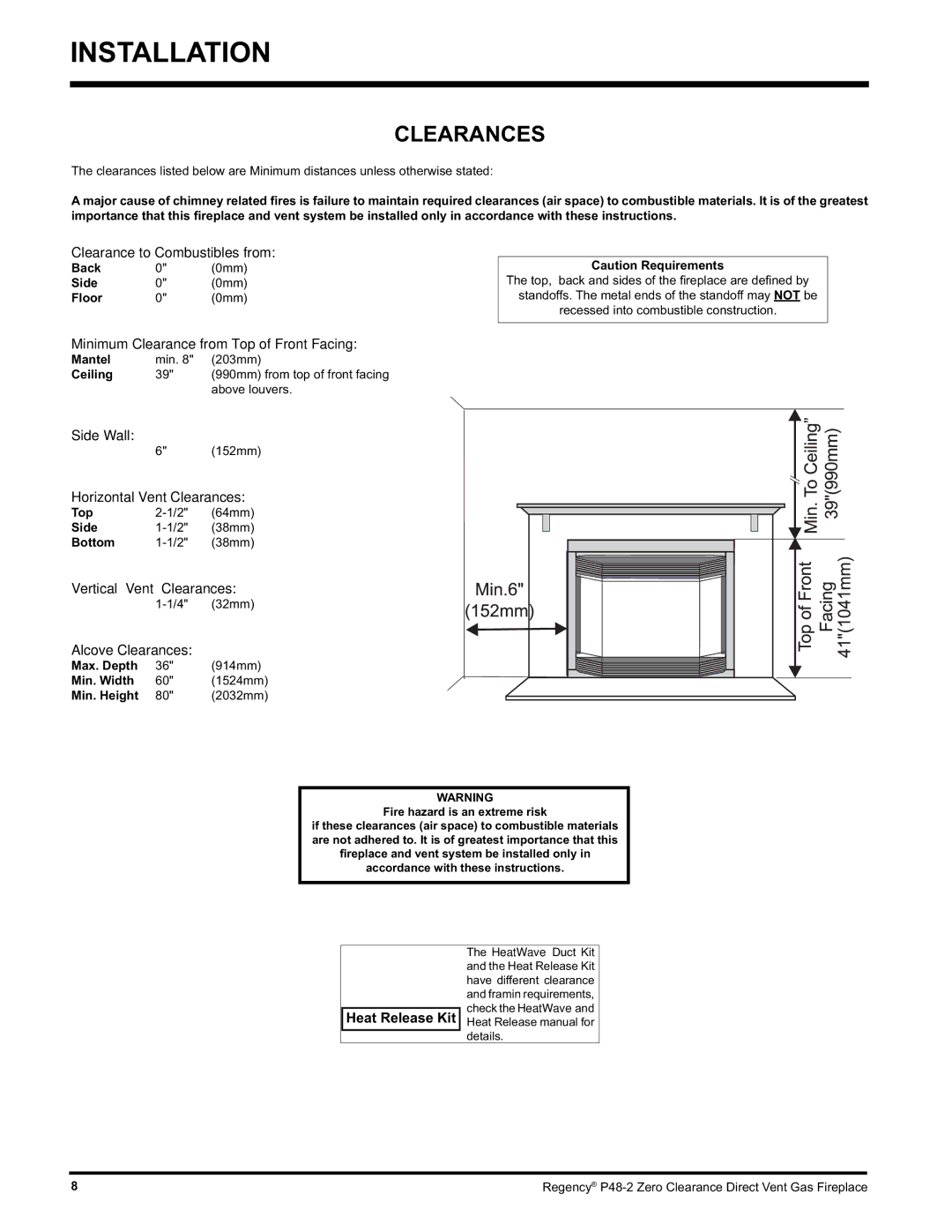 Regency P48-2 installation manual Clearances 