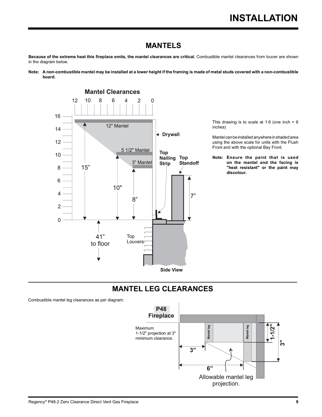 Regency P48-2 installation manual Mantels, Mantel LEG Clearances 