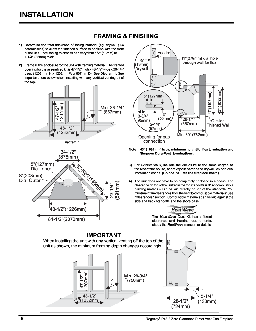 Regency P48-2 installation manual Installation, Framing & Finishing, Diagram, Simpson Dura-Ventterminations 