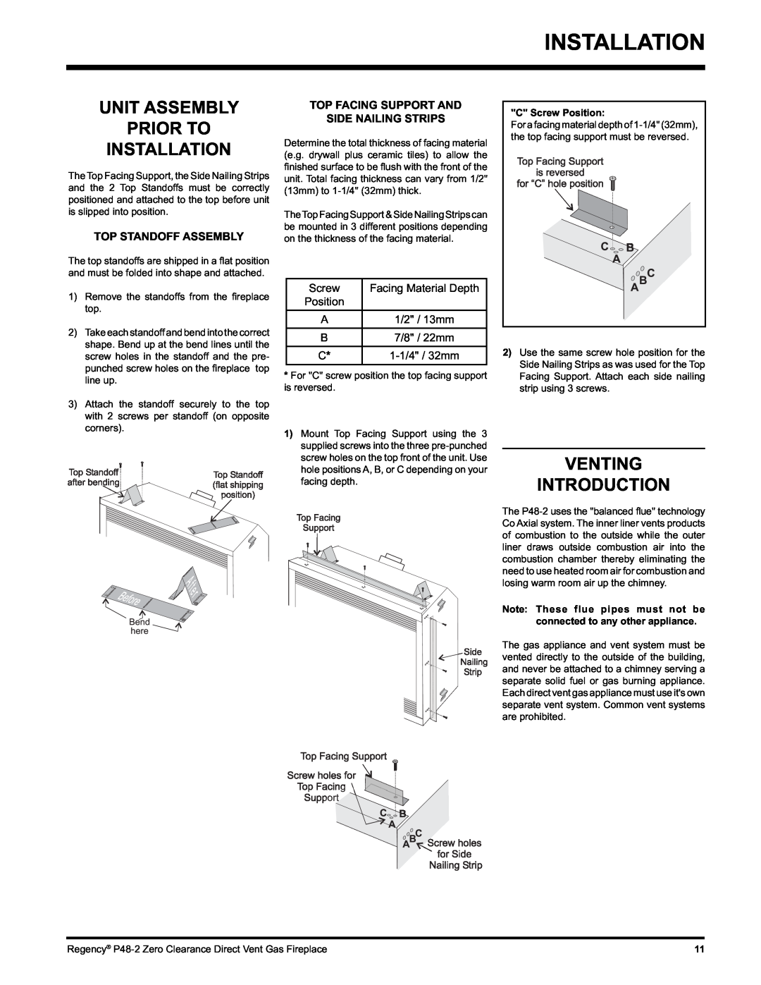 Regency P48-2 installation manual Installation, Venting, Introduction, Unit Assembly, Prior To, C Screw Position 