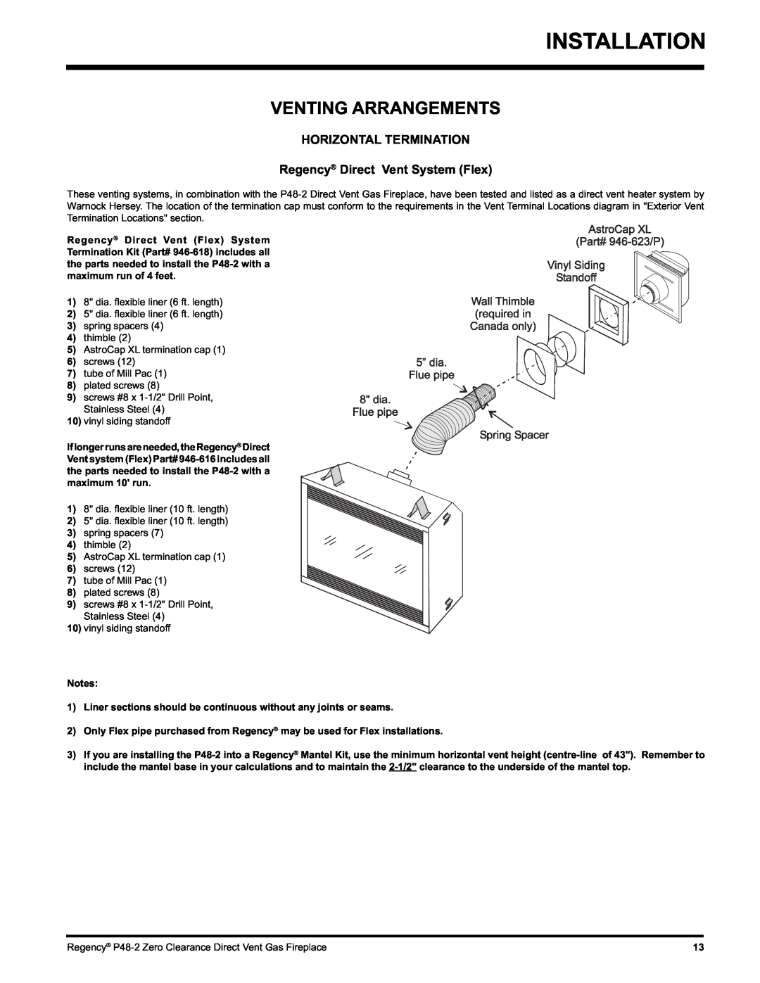 Regency P48-2 Installation, Venting Arrangements, Horizontal Termination, Regency Direct Vent System Flex, Notes 