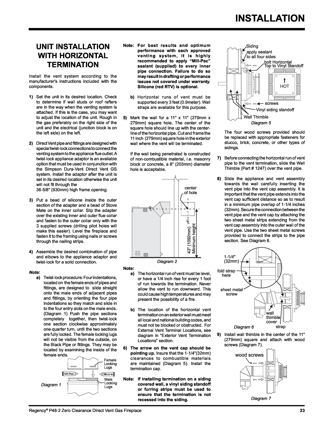 Regency P48-2 installation manual Unit Installation With Horizontal Termination, Diagram 