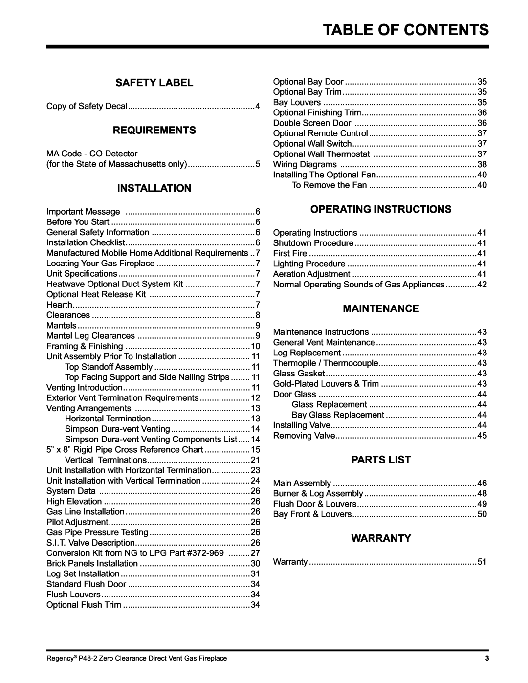 Regency P48-2 Table Of Contents, Safety Label, Requirements, Installation, Operating Instructions, Maintenance, Parts List 