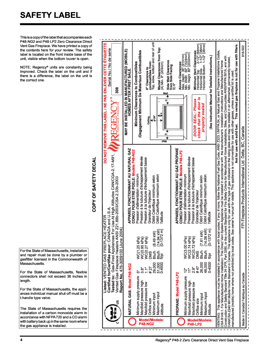 Regency P48-2 installation manual Safety Label, Copy Of Safety Decal 