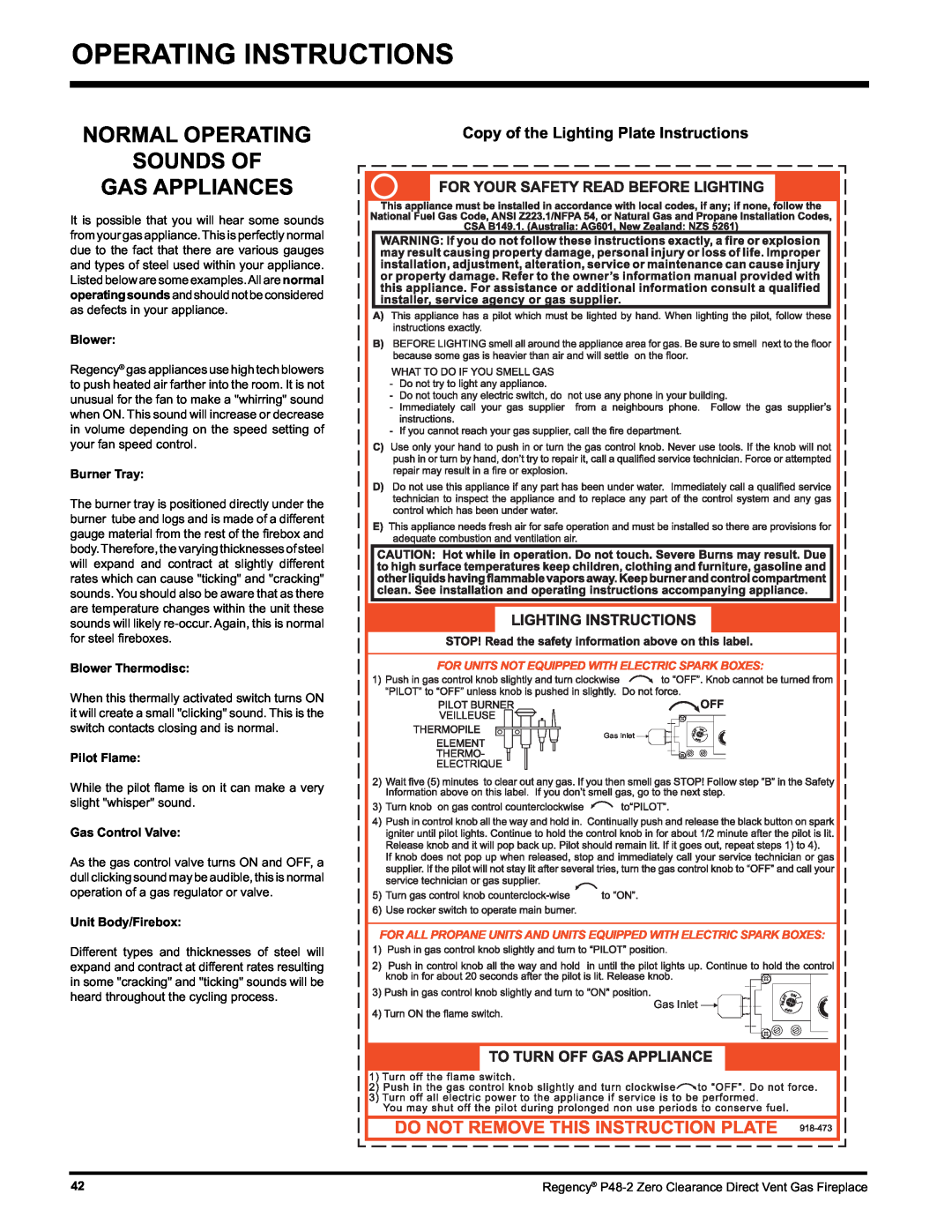 Regency P48-2 Operating Instructions, Normal Operating Sounds Of Gas Appliances, Copy of the Lighting Plate Instructions 