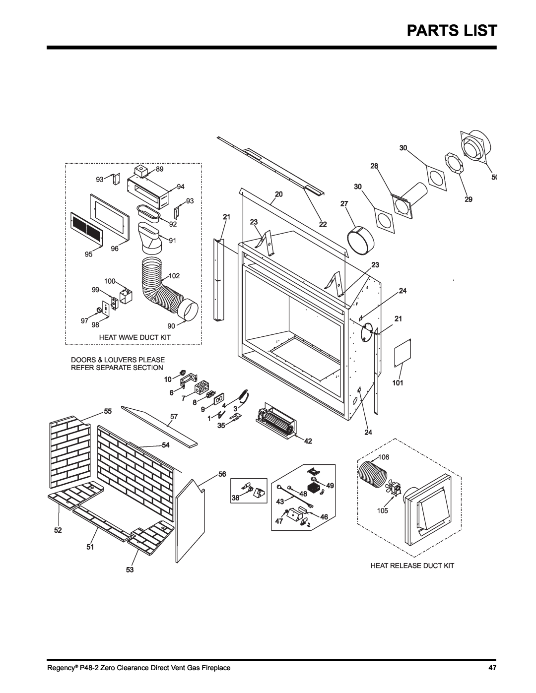 Regency P48-2 installation manual Parts List, Heat Wave Duct Kit 