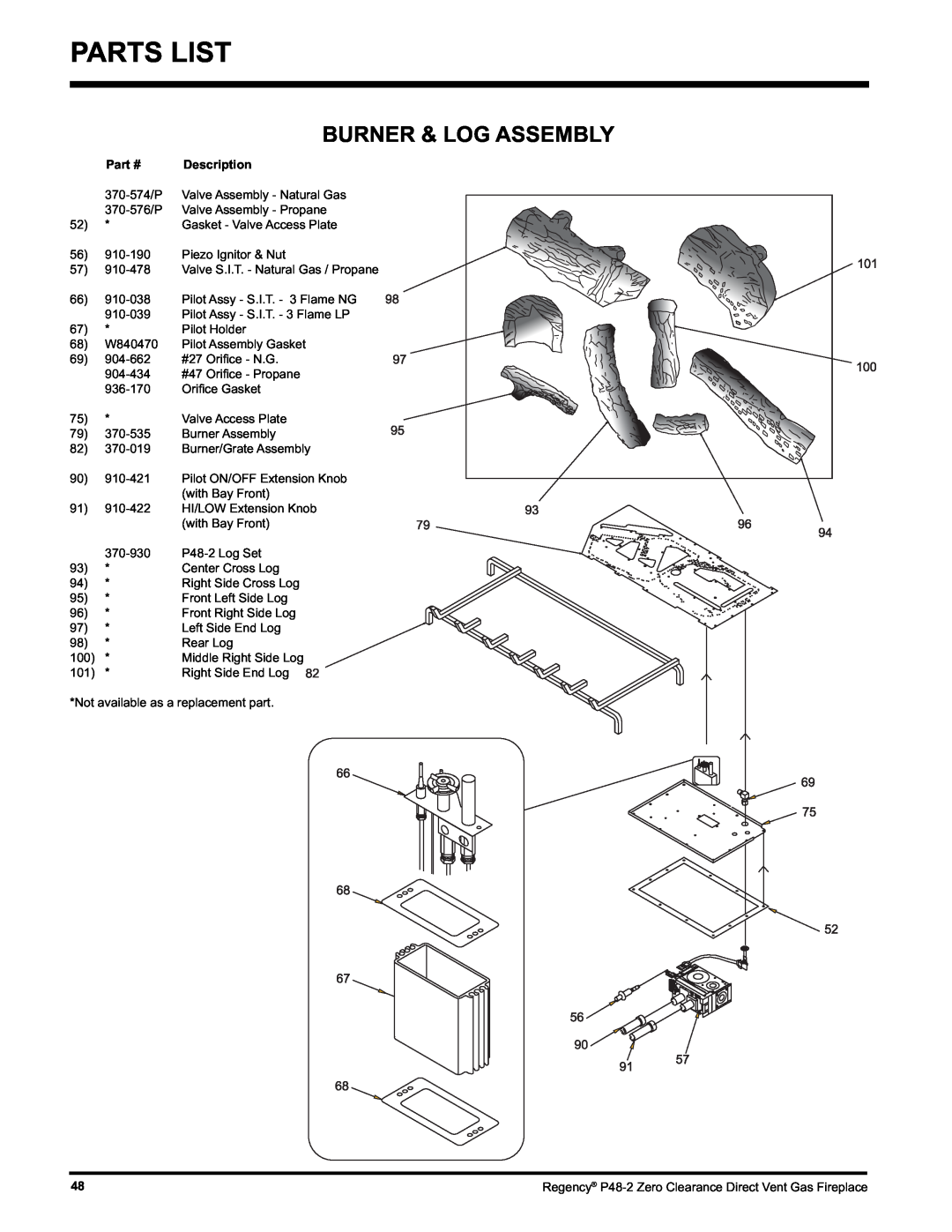 Regency P48-2 installation manual Parts List, Burner & Log Assembly, Part #, Description 