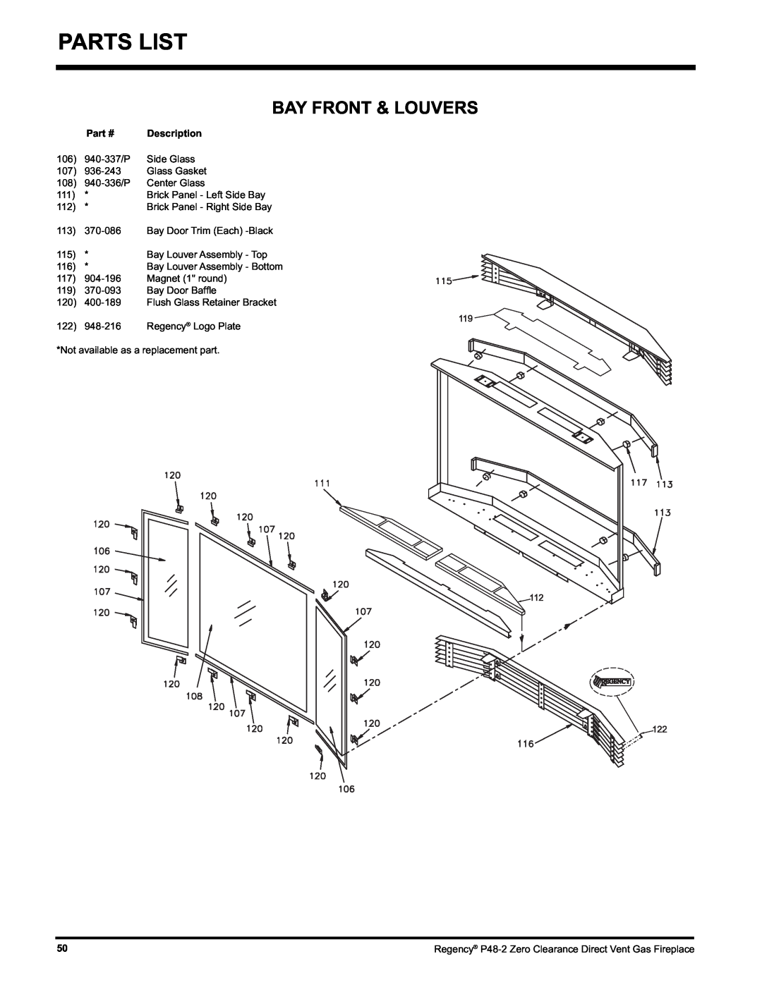 Regency P48-2 installation manual Parts List, Bay Front & Louvers, Part #, Description 
