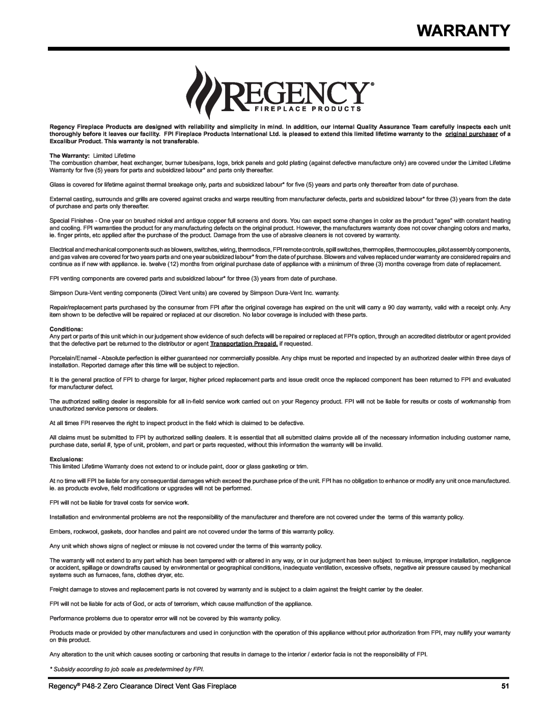 Regency P48-2 installation manual Warranty, Conditions, Exclusions 