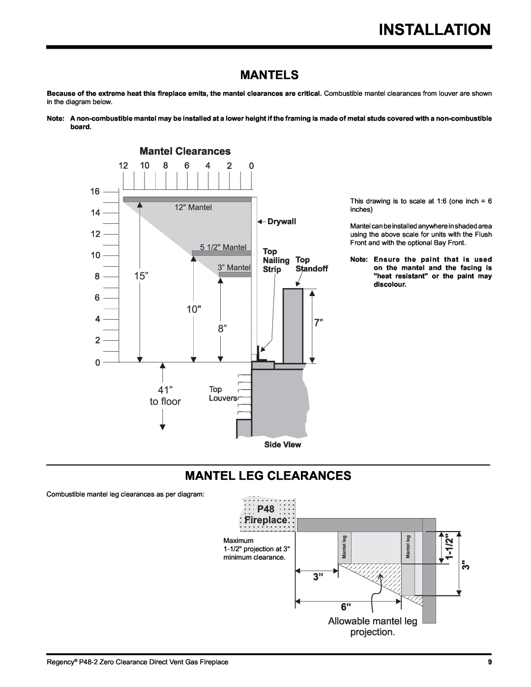 Regency P48-2 installation manual Installation, Mantels, Mantel Leg Clearances 