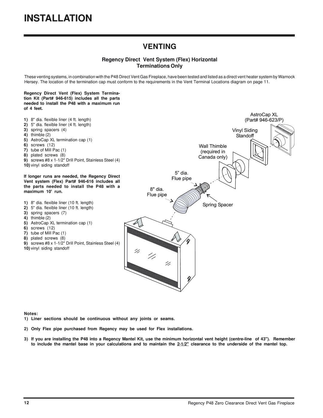 Regency P48-NG, P48-LP installation manual Venting, Regency Direct Vent System Flex Horizontal Terminations Only 