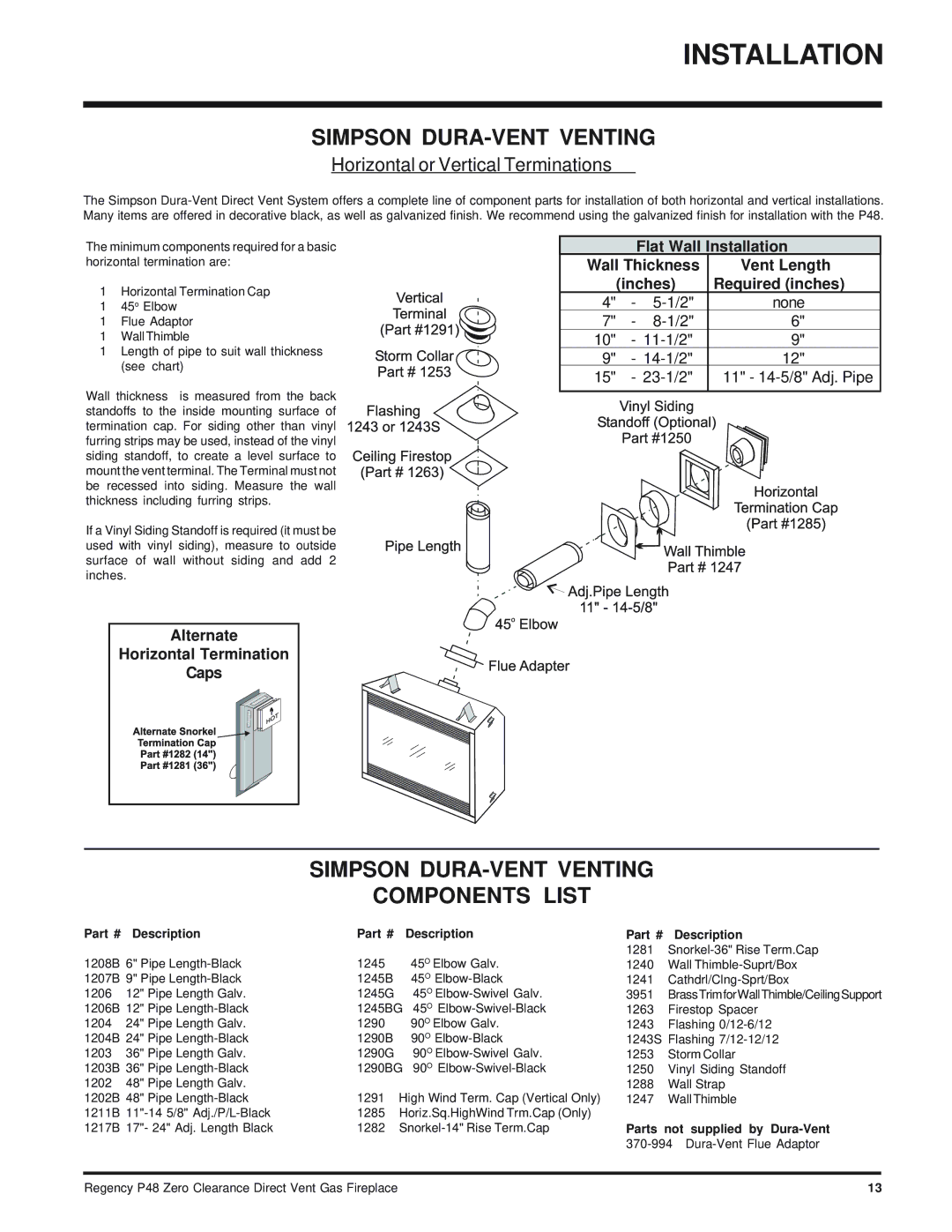 Regency P48-LP, P48-NG Simpson DURA-VENT Venting Components List, Description, Parts not supplied by Dura-Vent 