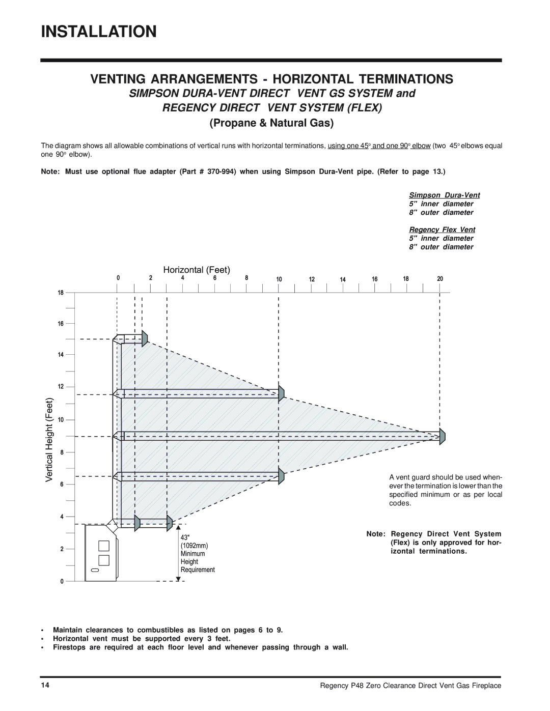 Regency P48-NG, P48-LP installation manual Venting Arrangements Horizontal Terminations, Regency Direct Vent System Flex 