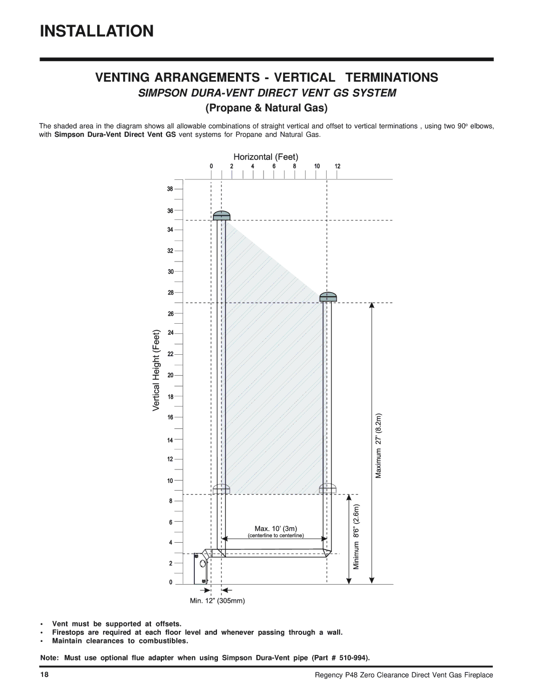 Regency P48-NG, P48-LP Venting Arrangements Vertical Terminations, Simpson DURA-VENT Direct Vent GS System 