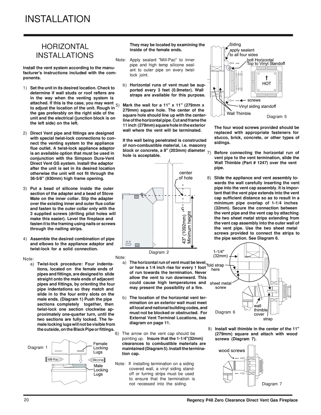 Regency P48-NG, P48-LP installation manual Horizontal Installations 