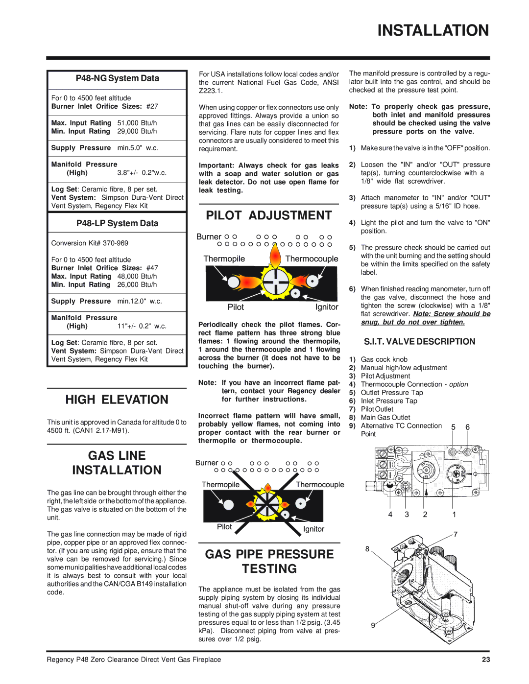 Regency P48-LP, P48-NG High Elevation, GAS Line Installation, Pilot Adjustment, GAS Pipe Pressure Testing 