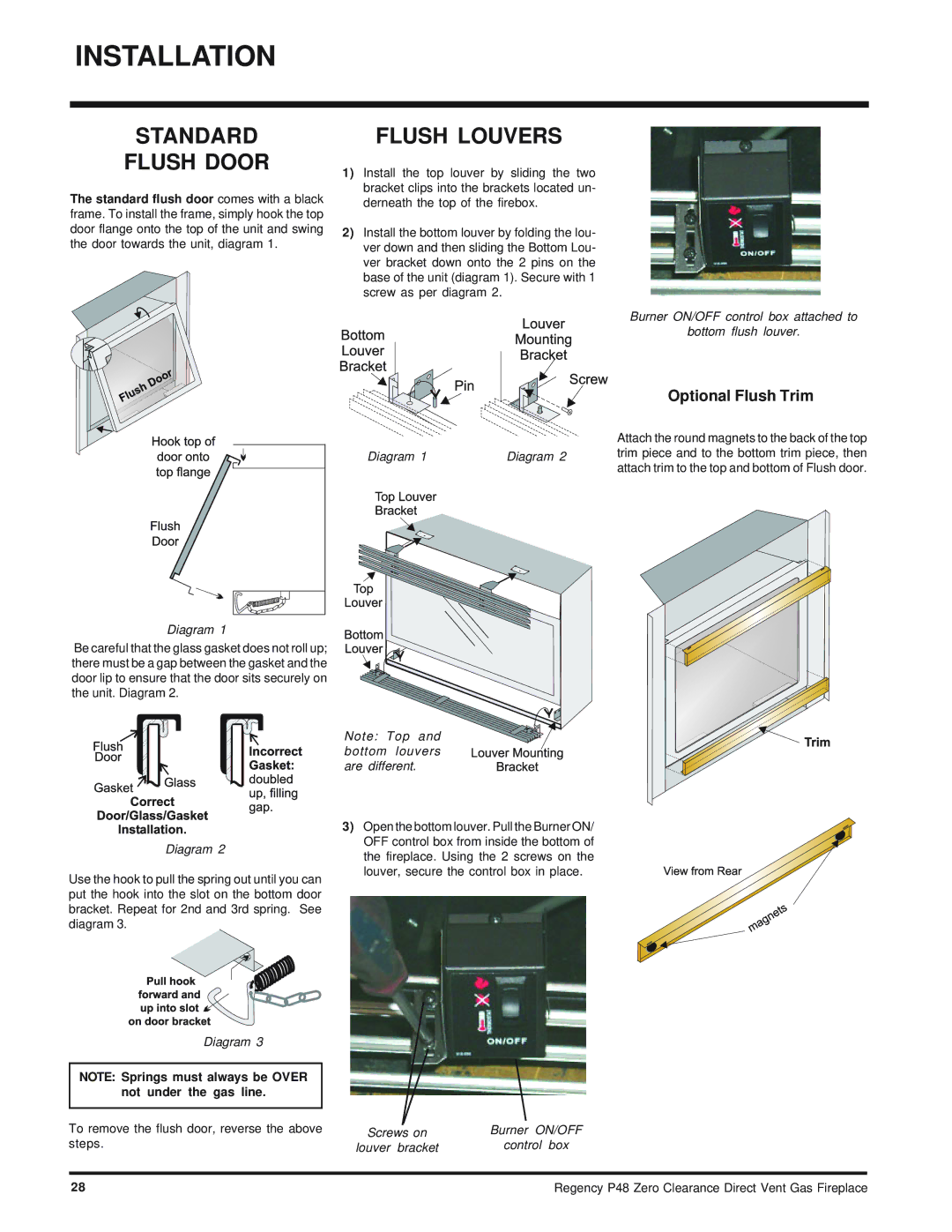 Regency P48-NG, P48-LP installation manual Standard Flush Door, Flush Louvers, Not under the gas line 