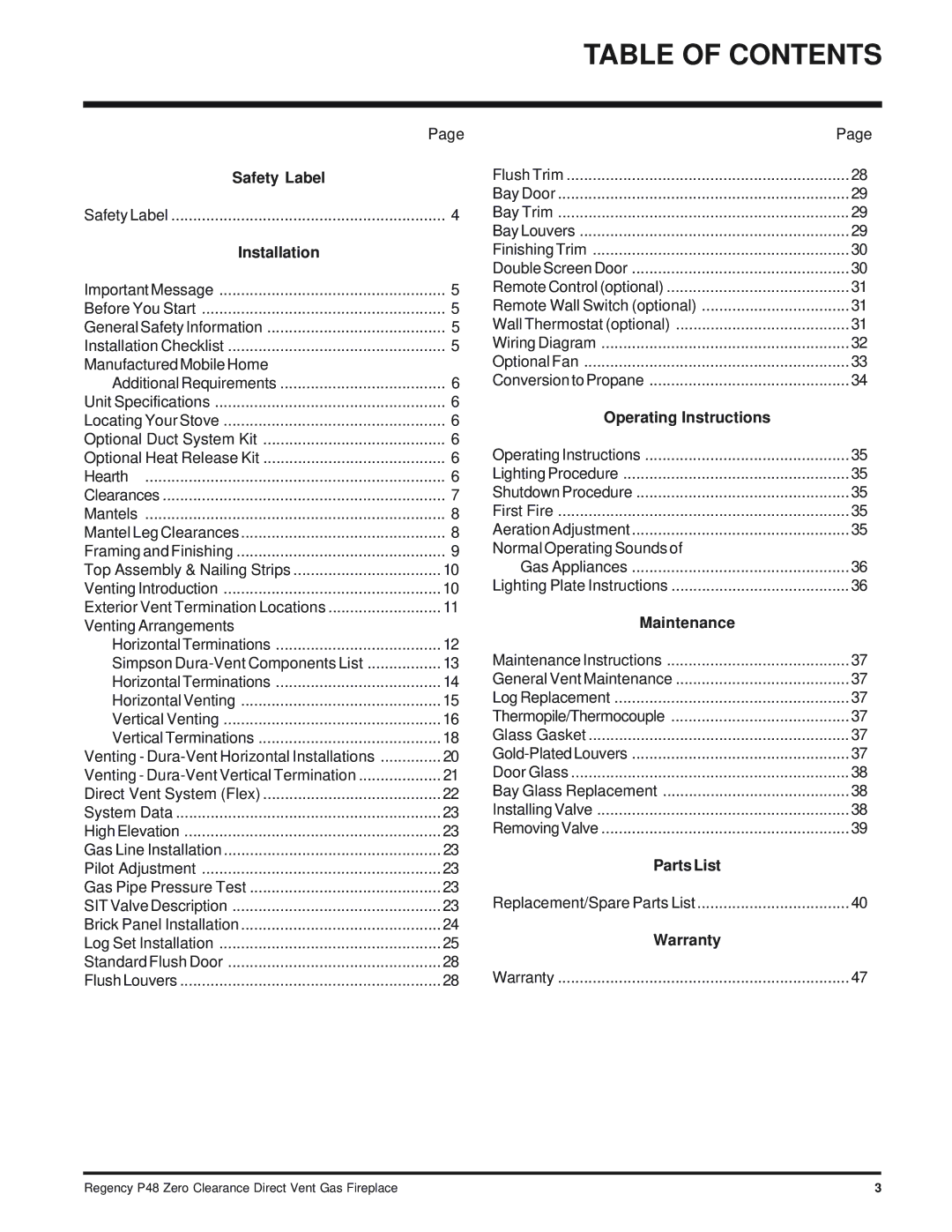 Regency P48-LP, P48-NG installation manual Table of Contents 