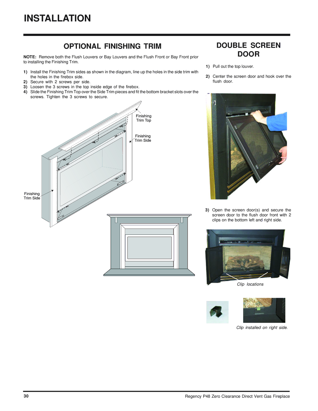 Regency P48-NG, P48-LP installation manual Optional Finishing Trim, Double Screen Door 