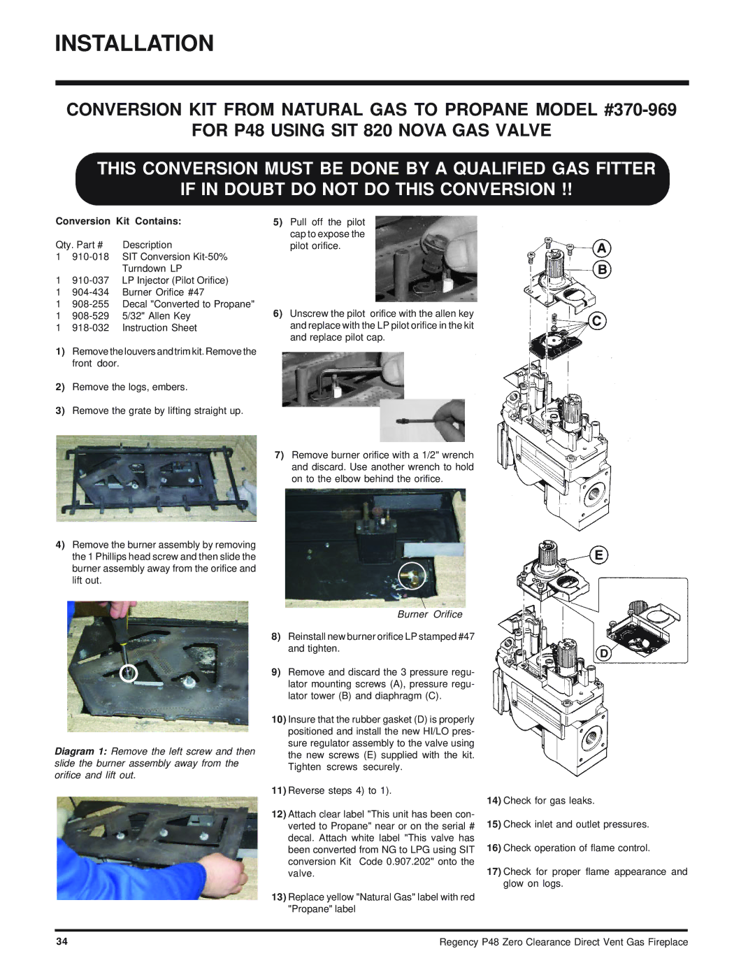 Regency P48-NG, P48-LP installation manual Conversion Kit Contains 