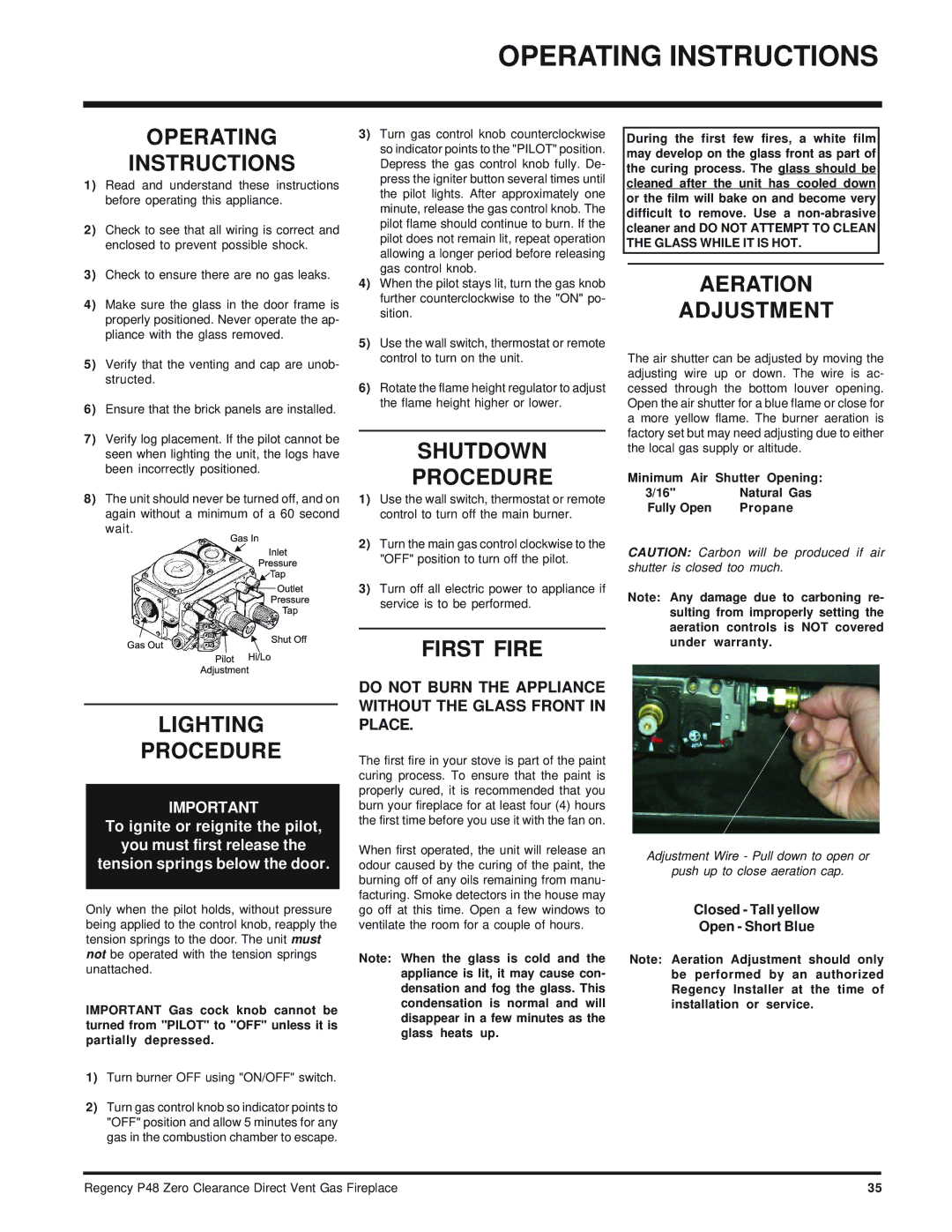 Regency P48-LP, P48-NG installation manual Operating Instructions 