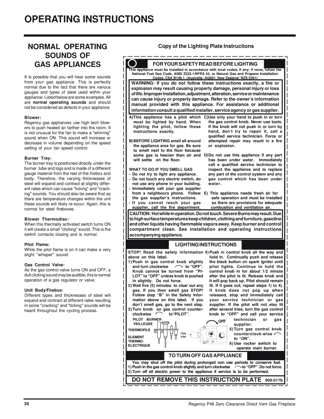 Regency P48-NG, P48-LP installation manual Normal Operating Sounds GAS Appliances, Copy of the Lighting Plate Instructions 