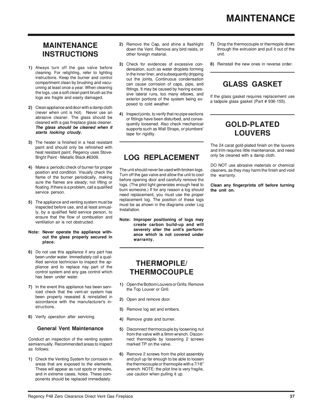 Regency P48-LP, P48-NG installation manual Maintenance 