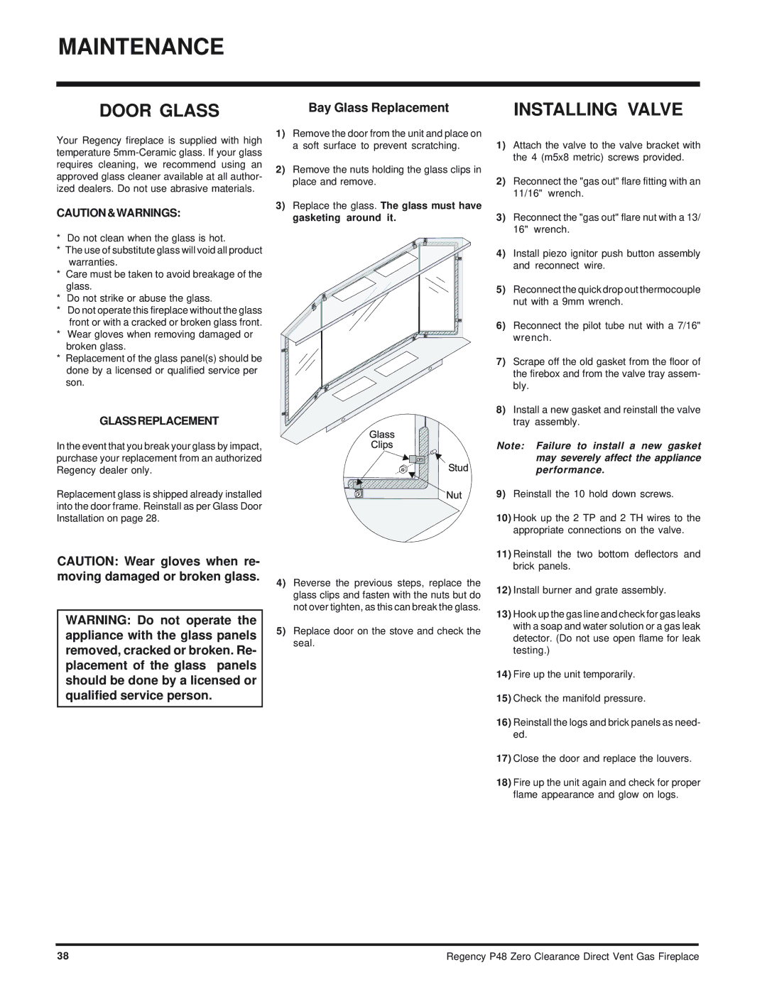 Regency P48-NG, P48-LP installation manual Door Glass, Installing Valve, Bay Glass Replacement 