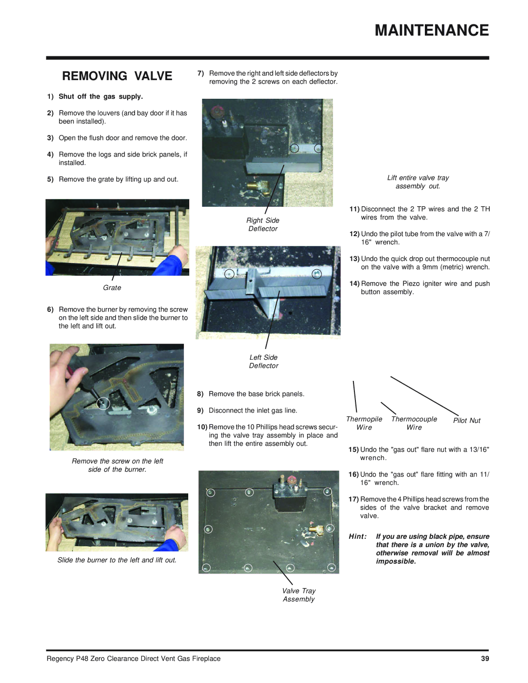 Regency P48-LP, P48-NG installation manual Removing Valve, Shut off the gas supply 