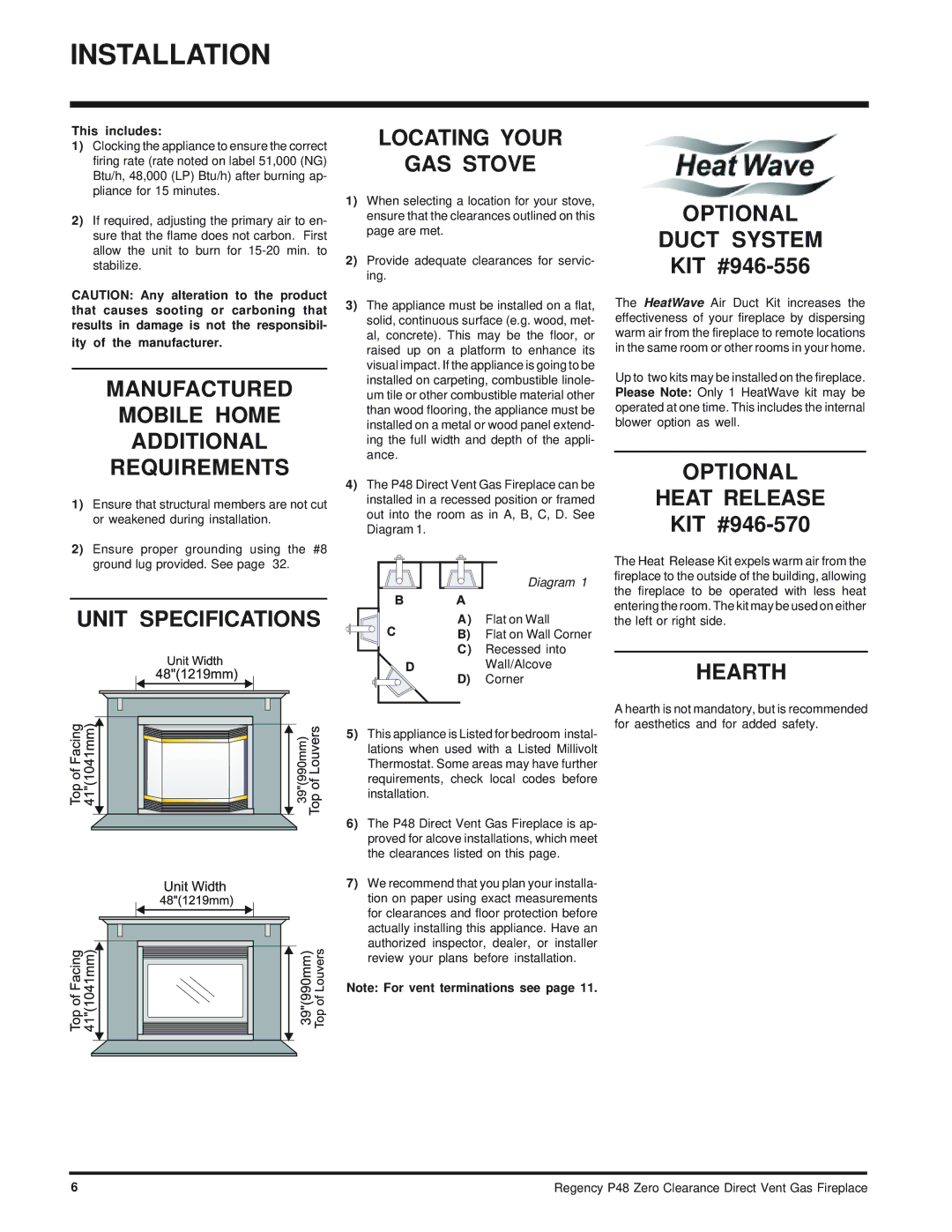 Regency P48-NG Manufactured Mobile Home Additional Requirements, Unit Specifications Locating Your GAS Stove, Hearth 