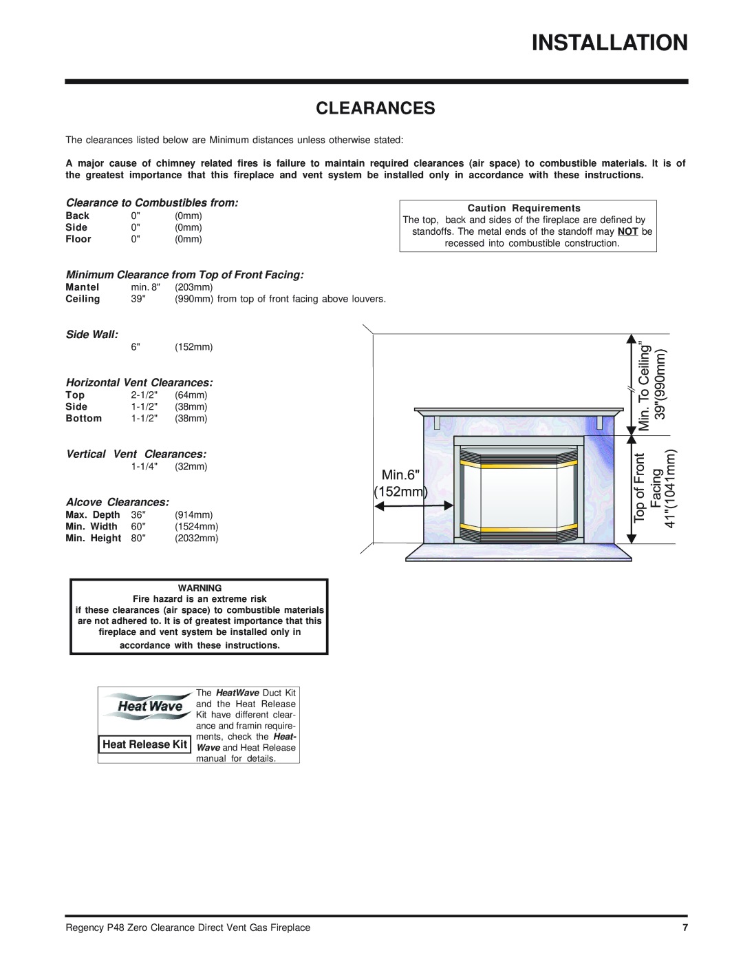 Regency P48-LP, P48-NG installation manual Clearances, Mantel, Ceiling, Max. Depth 36 914mm, Min. Height 80 2032mm 