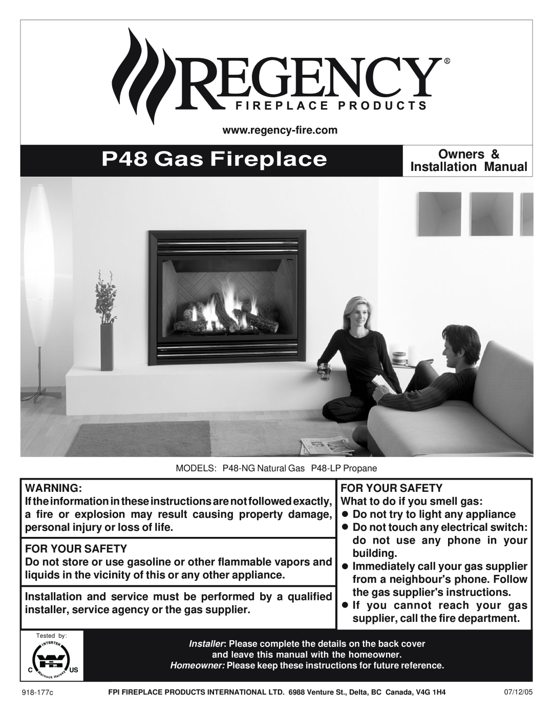 Regency P48-LP, P48-NG installation manual P48 Gas Fireplace, Owners, Installation Manual 