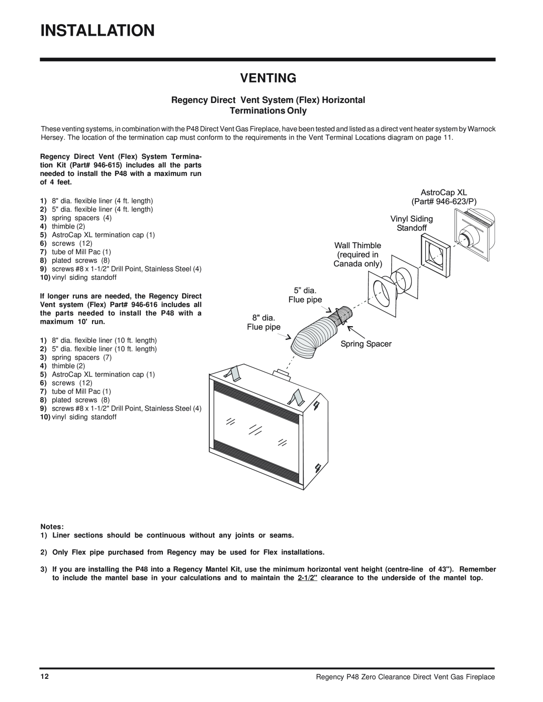 Regency P48-NG, P48-LP installation manual Venting, Regency Direct Vent System Flex Horizontal, Terminations Only, Notes 