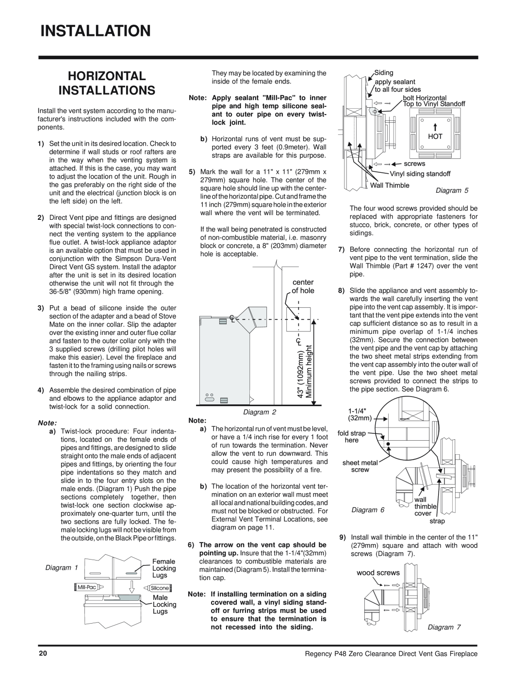 Regency P48-NG, P48-LP installation manual Horizontal Installations, Diagram 