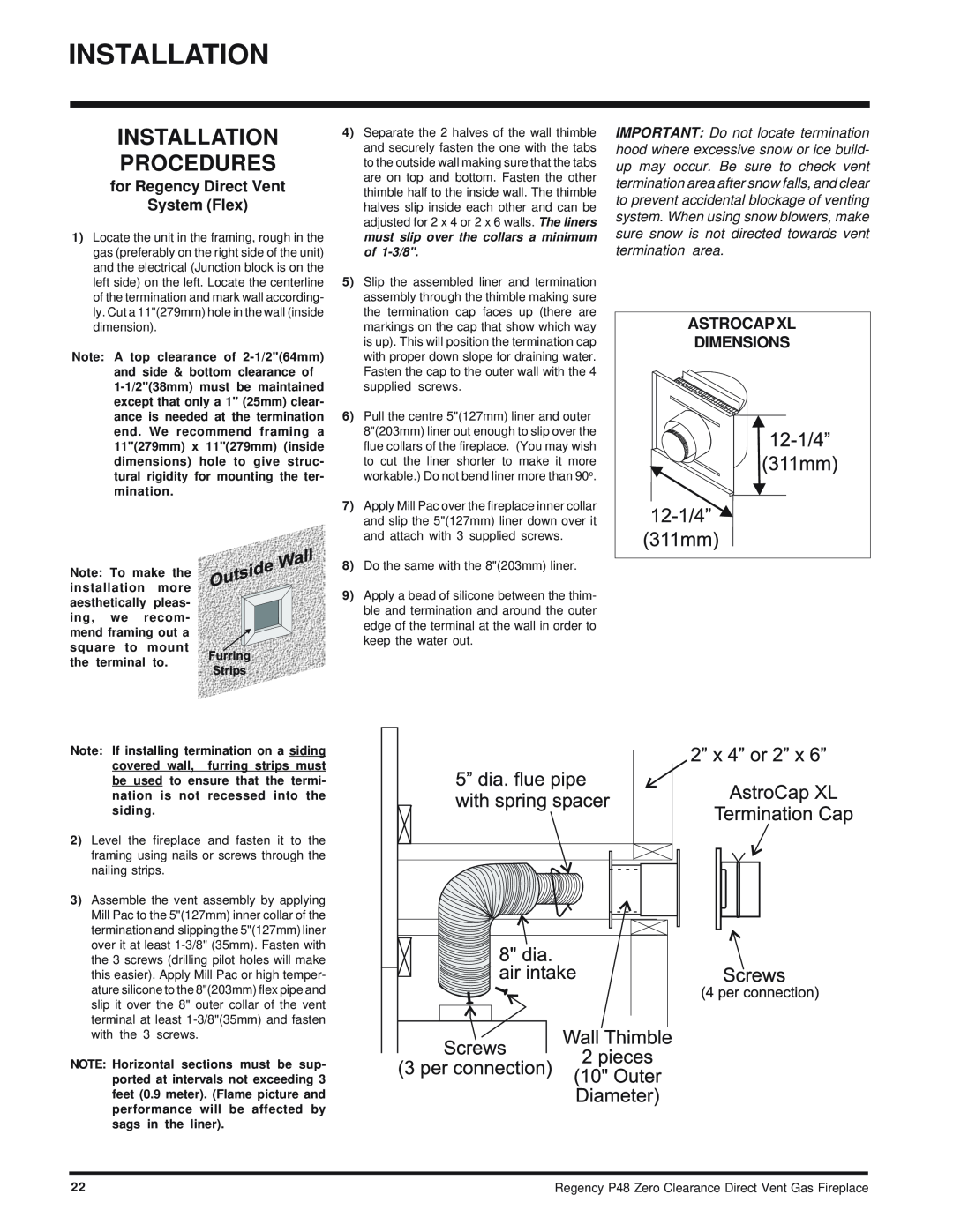 Regency P48-NG, P48-LP Installation Procedures, for Regency Direct Vent System Flex, Astrocap Xl Dimensions 
