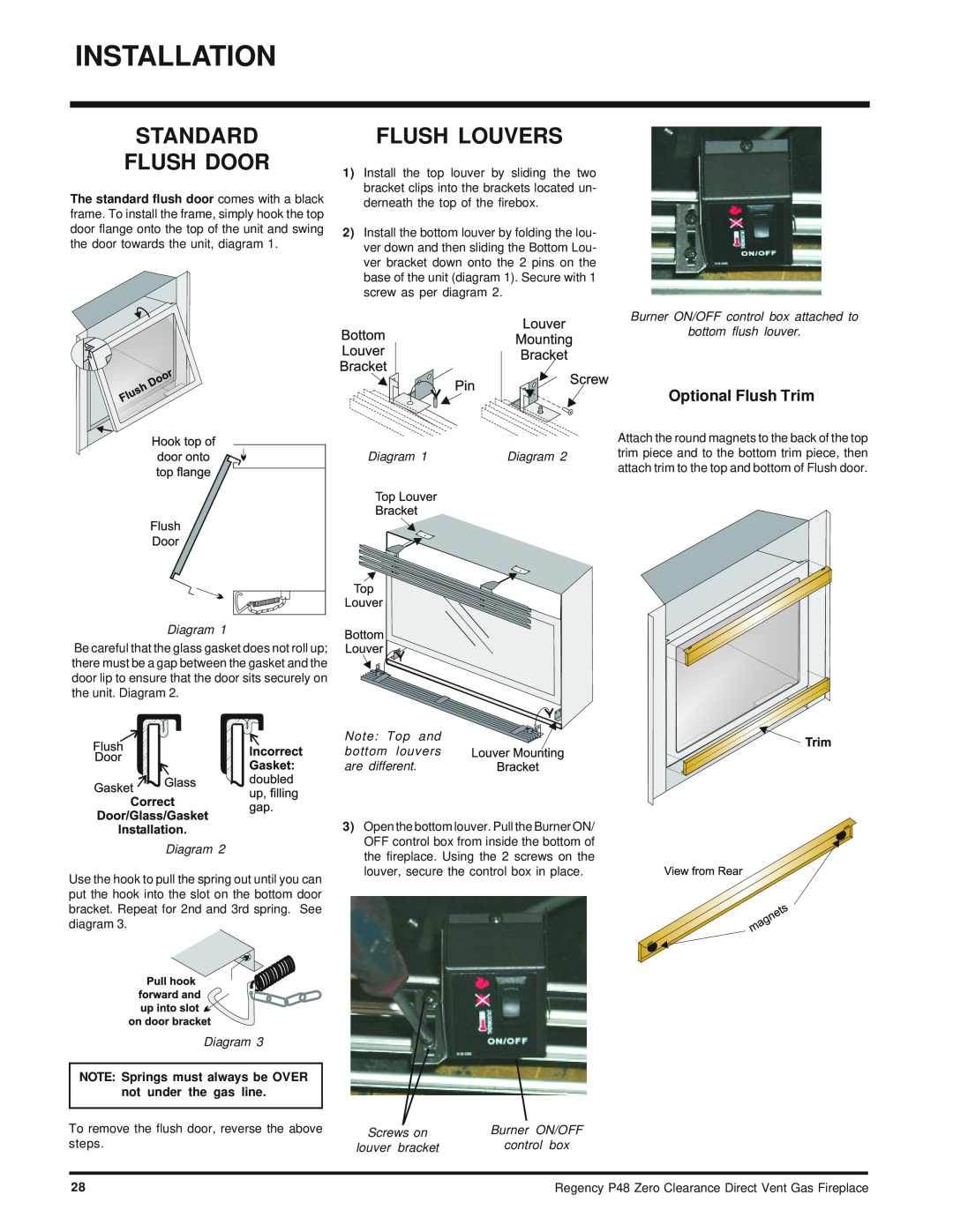 Regency P48-NG Standard Flush Door, Flush Louvers, Optional Flush Trim, Burner ON/OFF control box attached to, Diagram 