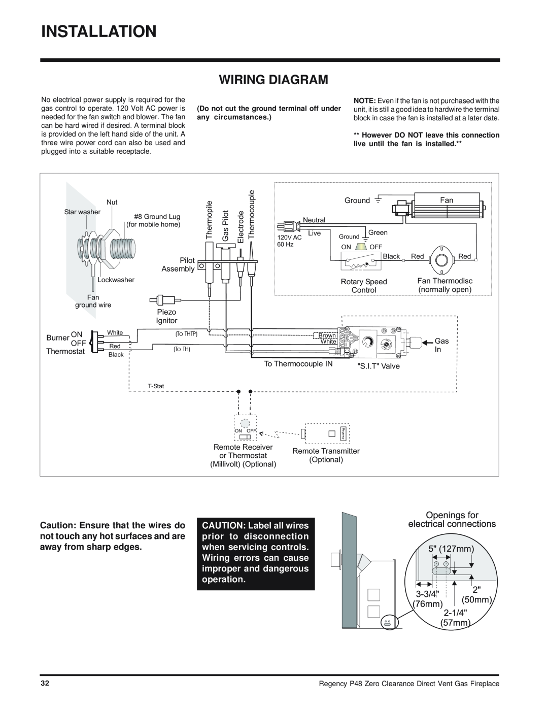 Regency P48-NG, P48-LP installation manual Wiring Diagram, Thermopile, Thermocouple, Ground, GasPilot, Electrode 