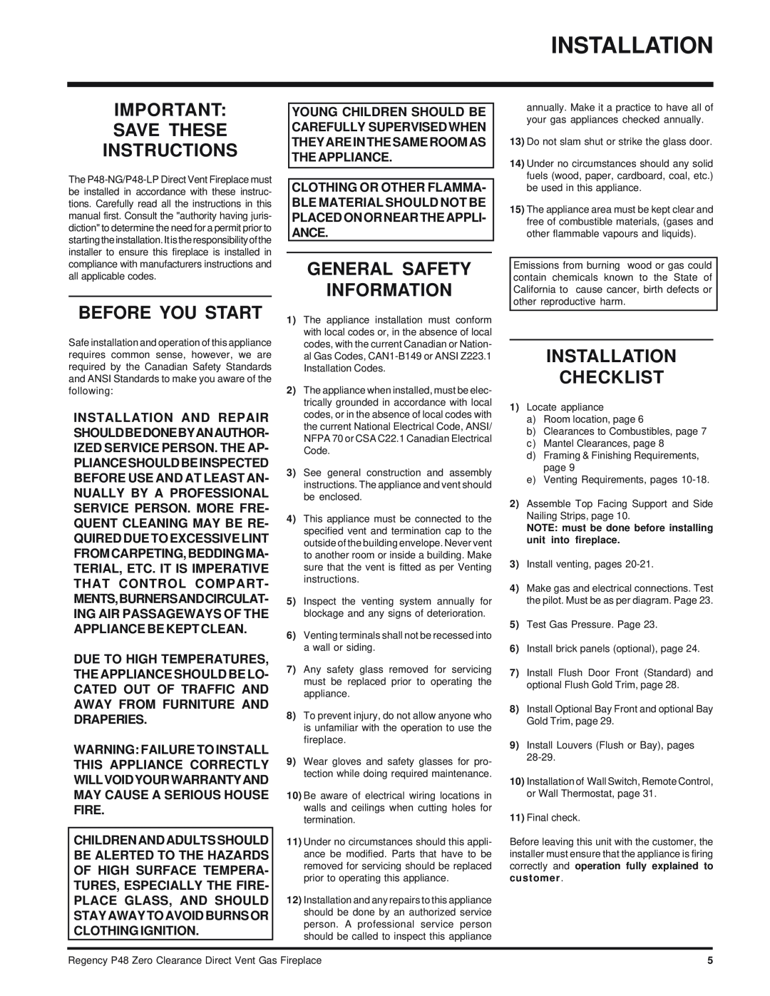Regency P48-LP, P48-NG Save These Instructions, Before You Start, General Safety Information, Installation Checklist 