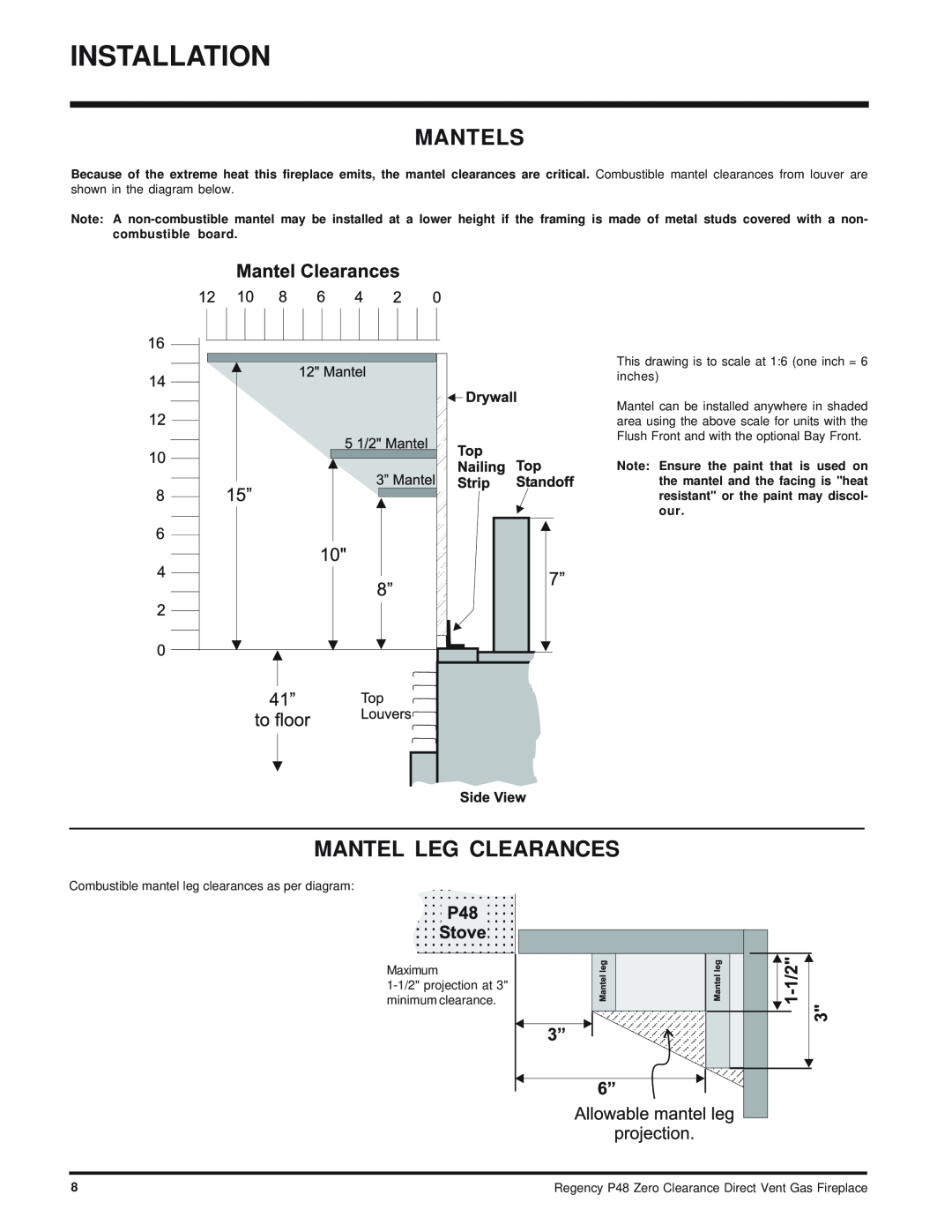 Regency P48-NG, P48-LP installation manual Mantels, Mantel Leg Clearances 