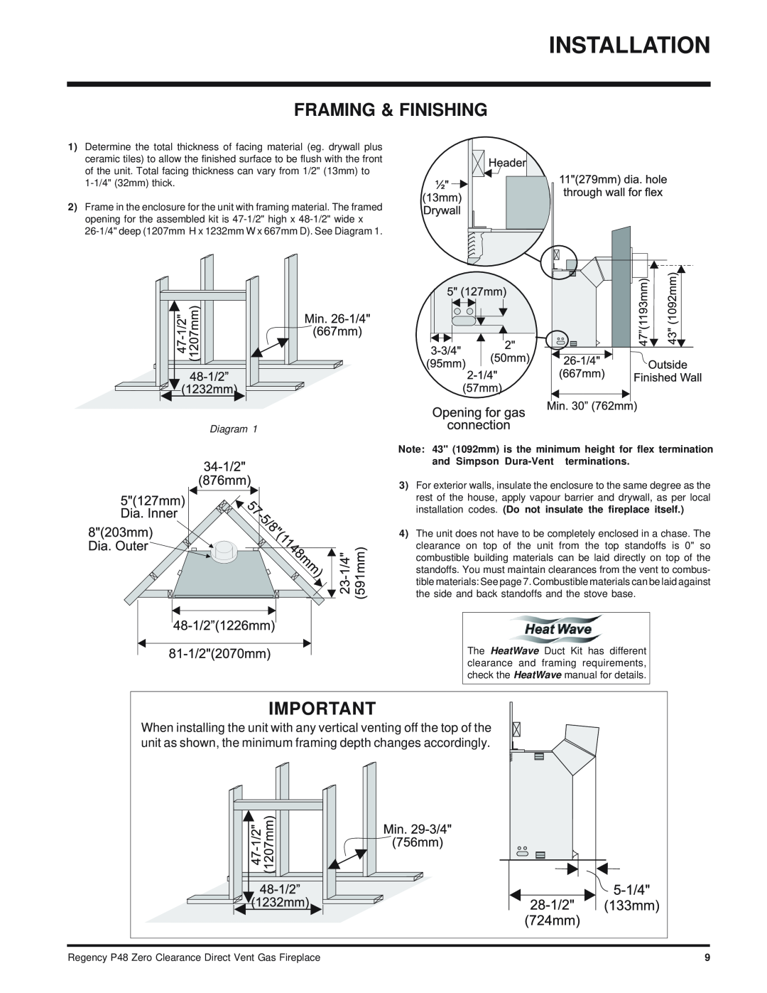 Regency P48-LP, P48-NG installation manual Framing & Finishing, Diagram 