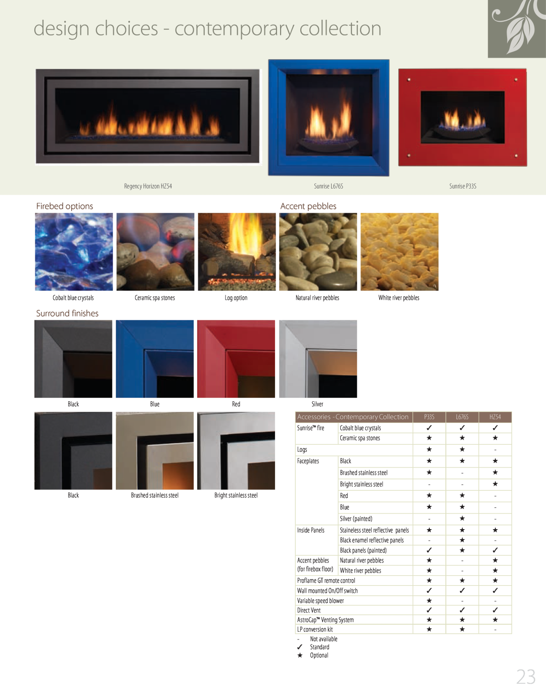 Regency P36, P90 design choices - contemporary collection, Firebed options, Accent pebbles, Surround finishes, P33S, L676S 