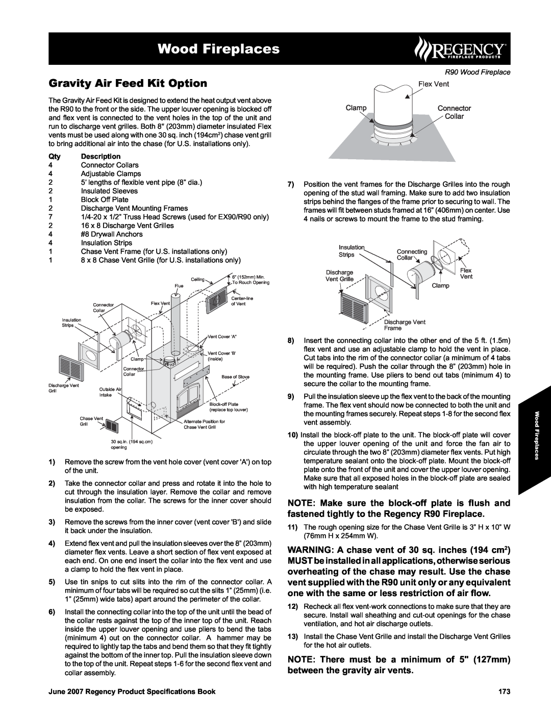 Regency R90 Gravity Air Feed Kit Option, Wood Fireplaces, Qty Description, June 2007 Regency Product Speciﬁcations Book 