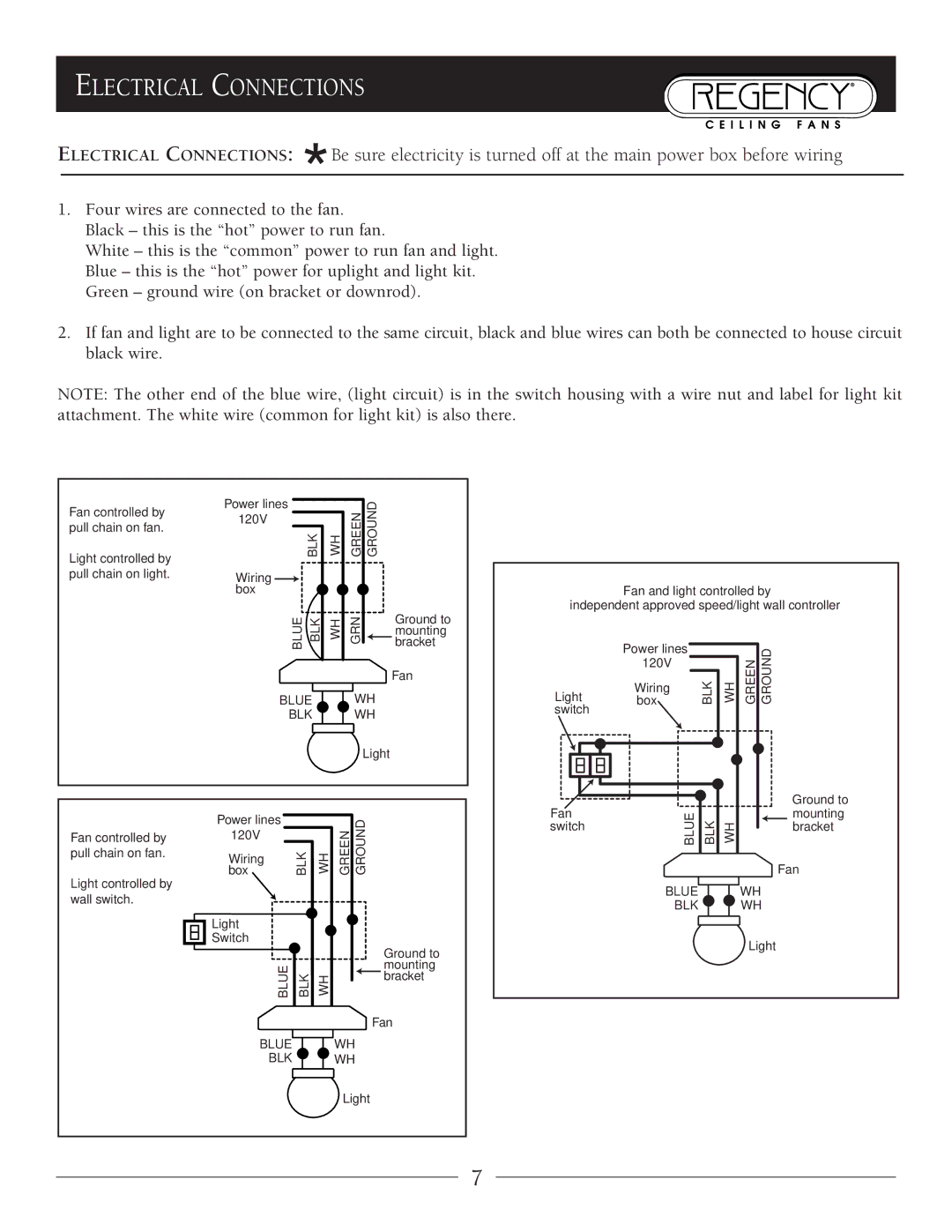 Regency Regatta owner manual Electrical Connections, Grn 