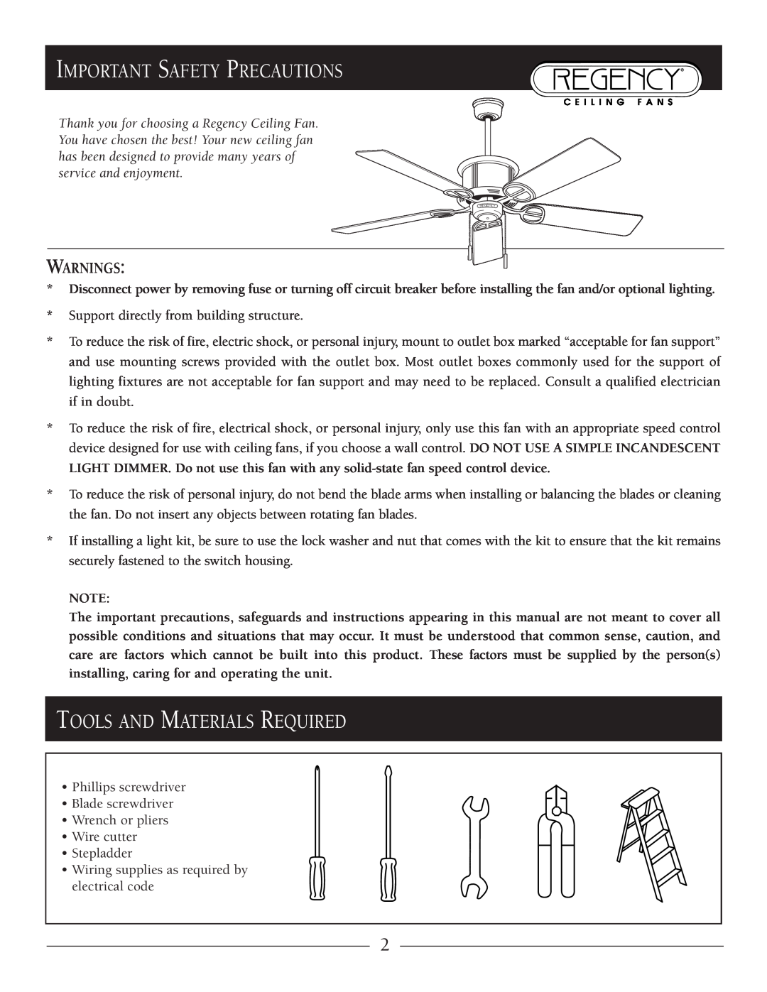 Regency Regatta owner manual Important Safety Precautions, Tools And Materials Required, Warnings 