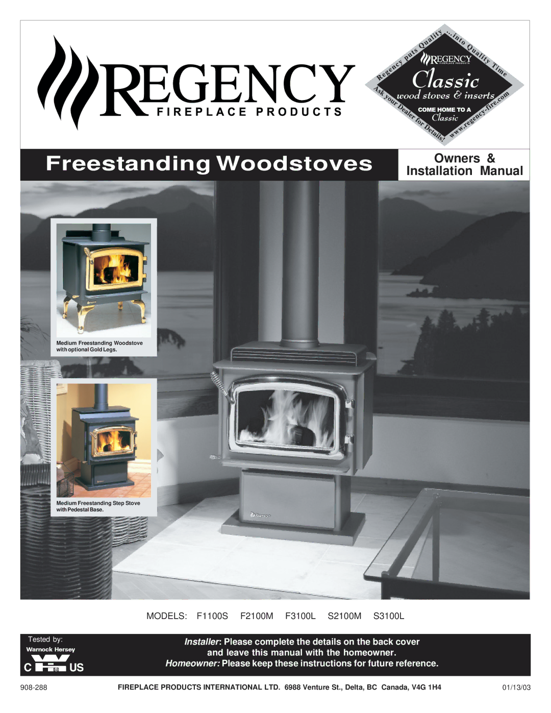 Regency F2100M, S2100M installation manual Freestanding Woodstoves 