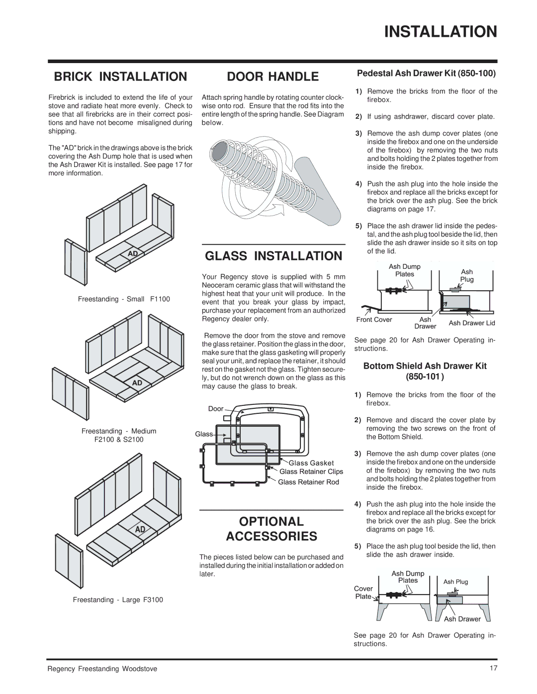 Regency F2100M, S2100M Brick Installation Door Handle, Glass Installation, Optional Accessories, Pedestal Ash Drawer Kit 