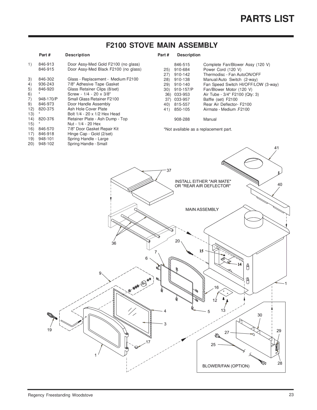 Regency F2100M, S2100M installation manual F2100 Stove Main Assembly 