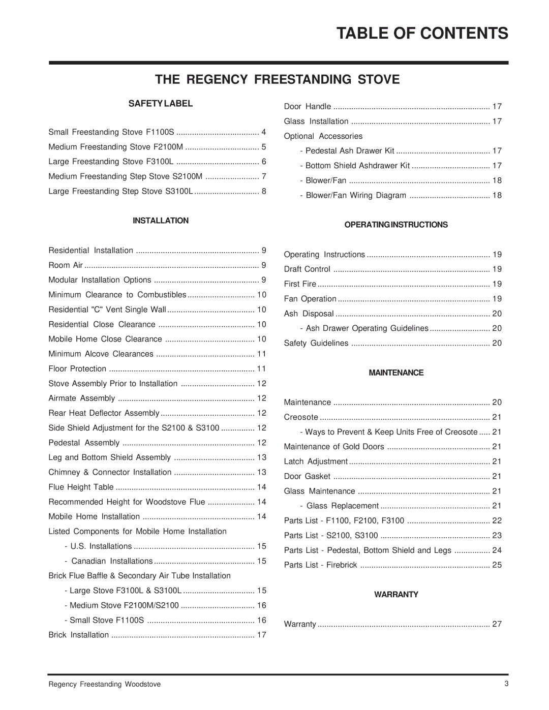 Regency F2100M, S2100M installation manual Table of Contents 