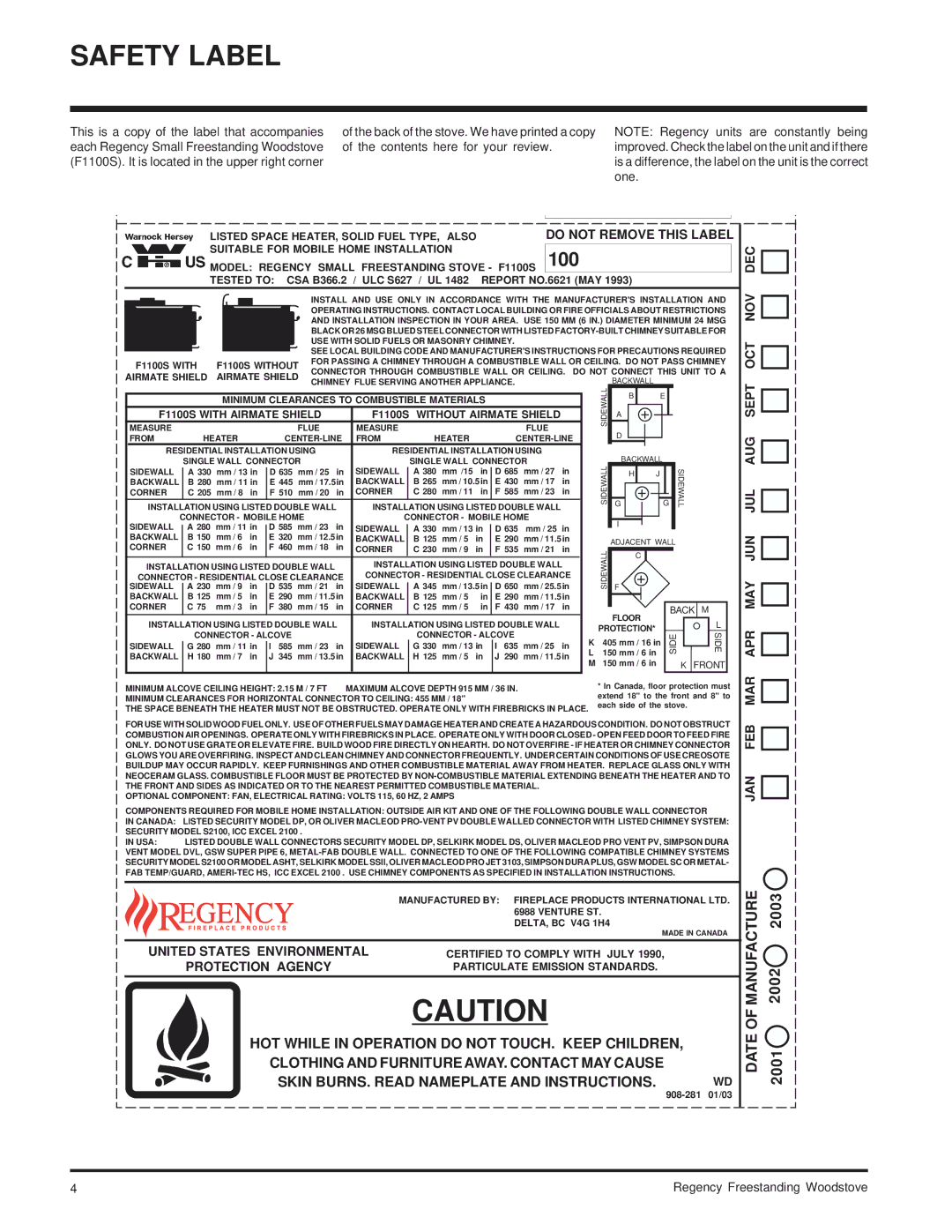 Regency S2100M, F2100M installation manual Safety Label, 2002, 2001 