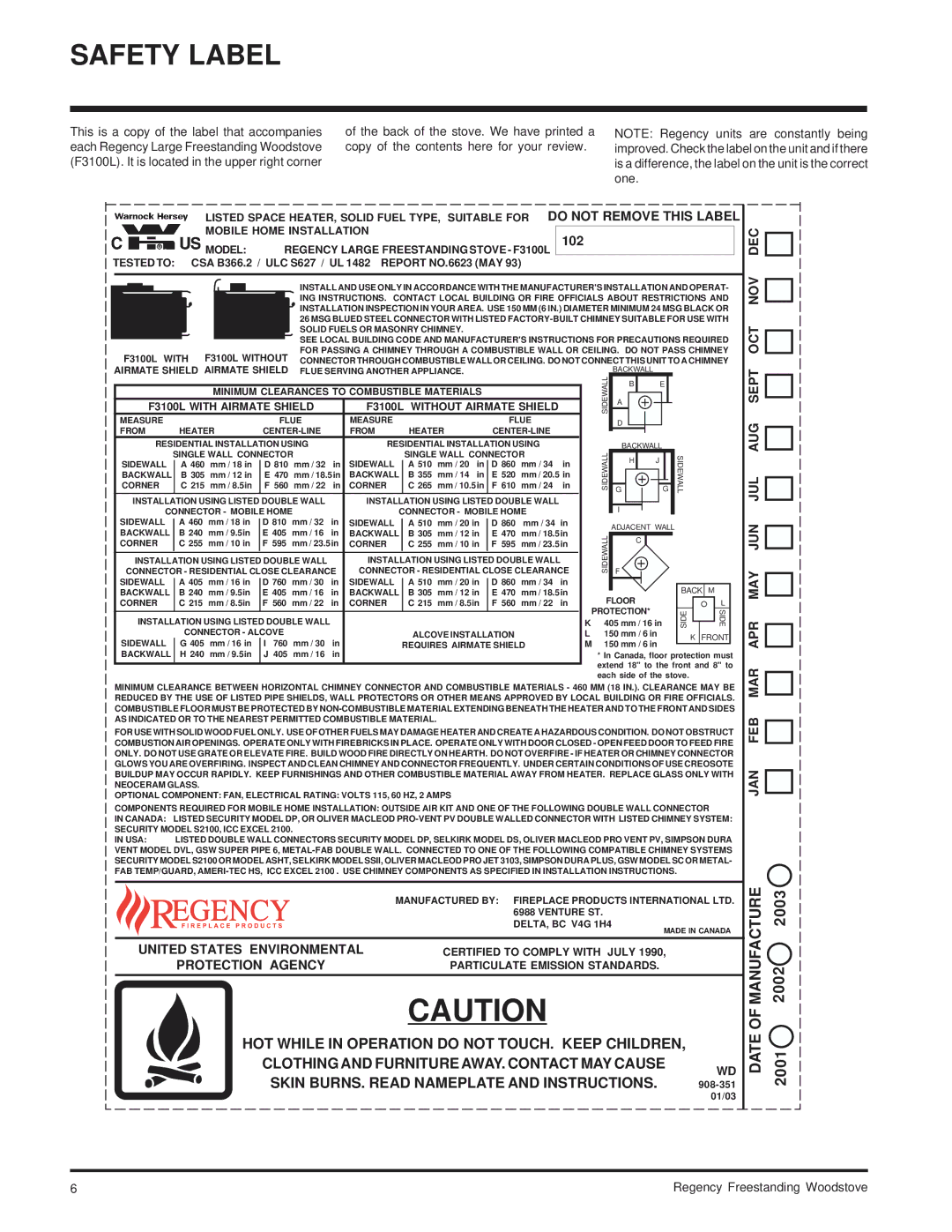 Regency S2100M, F2100M installation manual 102, Model Regency Large Freestanding Stove F3100L Tested to 